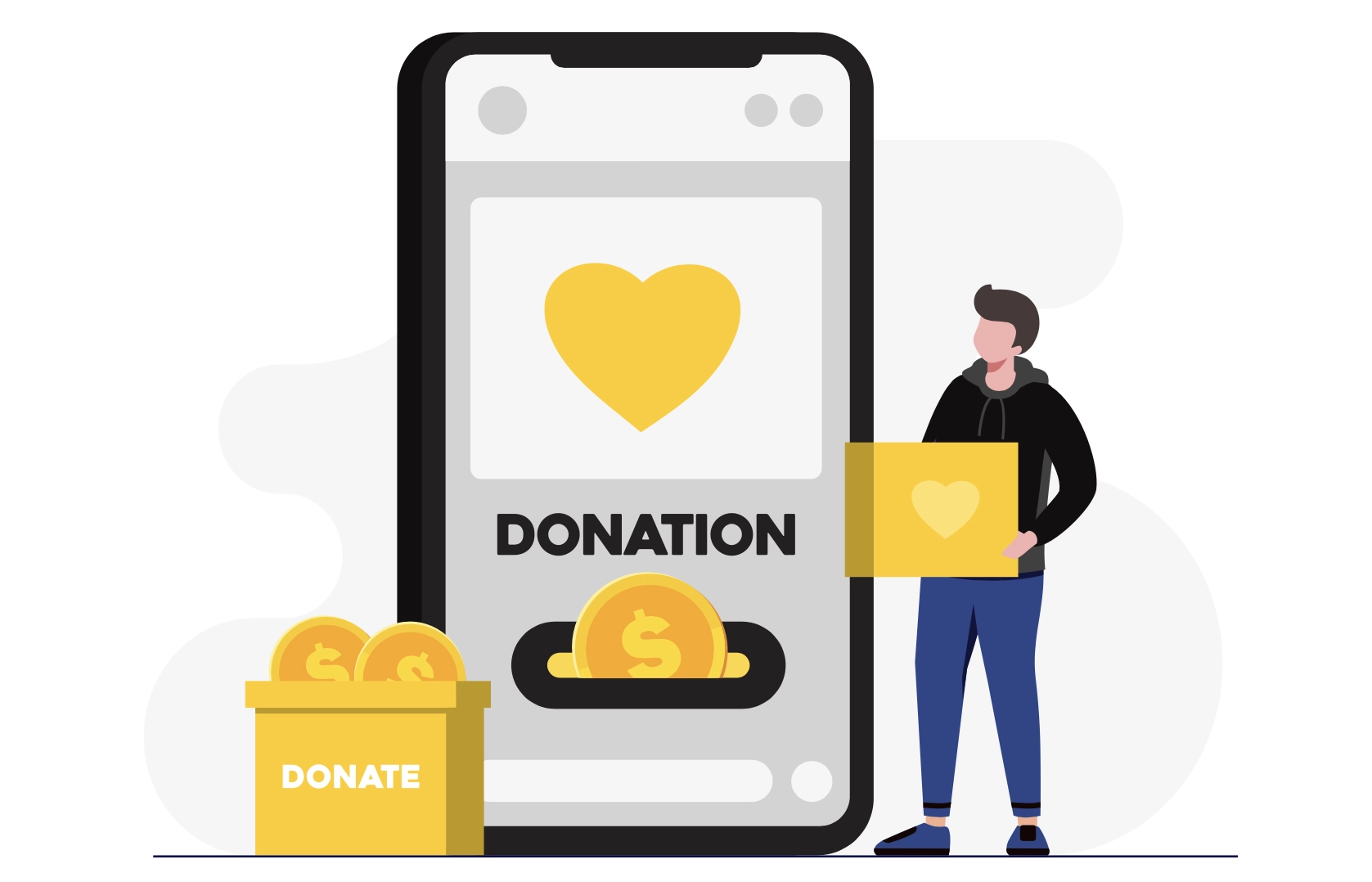 illustration of a man standing by a phone with the words donation